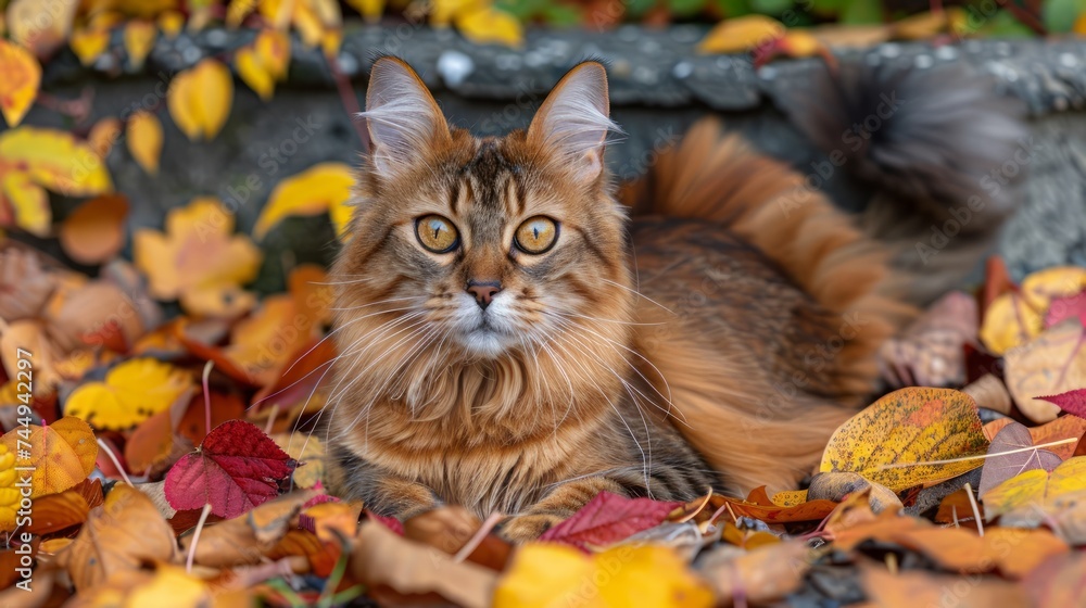 Majestic Brown Tabby Cat Sitting Among Autumn Leaves