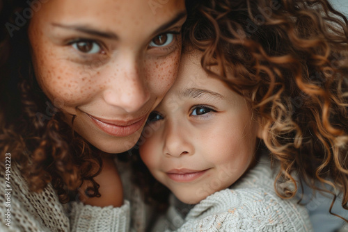 Close-up portrait of a mother and child sharing a tender moment, highlighting their matching curly hair and warm smiles