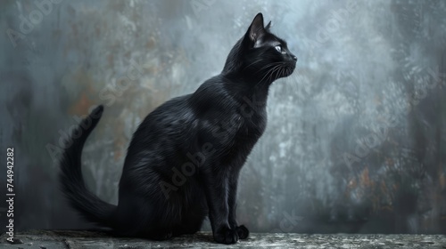 Elegant Black Cat with Shiny Fur Looking Upwards in Moody Setting