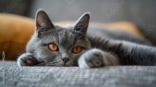 Relaxed Gray Cat Lounging on a Sofa with Amber Eyes