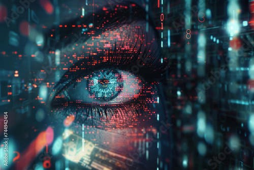 Close-up of human eye with reflection digital binary codes, symbolizing the intersection of technology, cybersecurity, and digital identity
