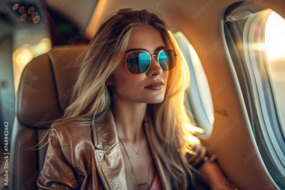businesswoman flying on her private jet. concept of a successful businesswoman