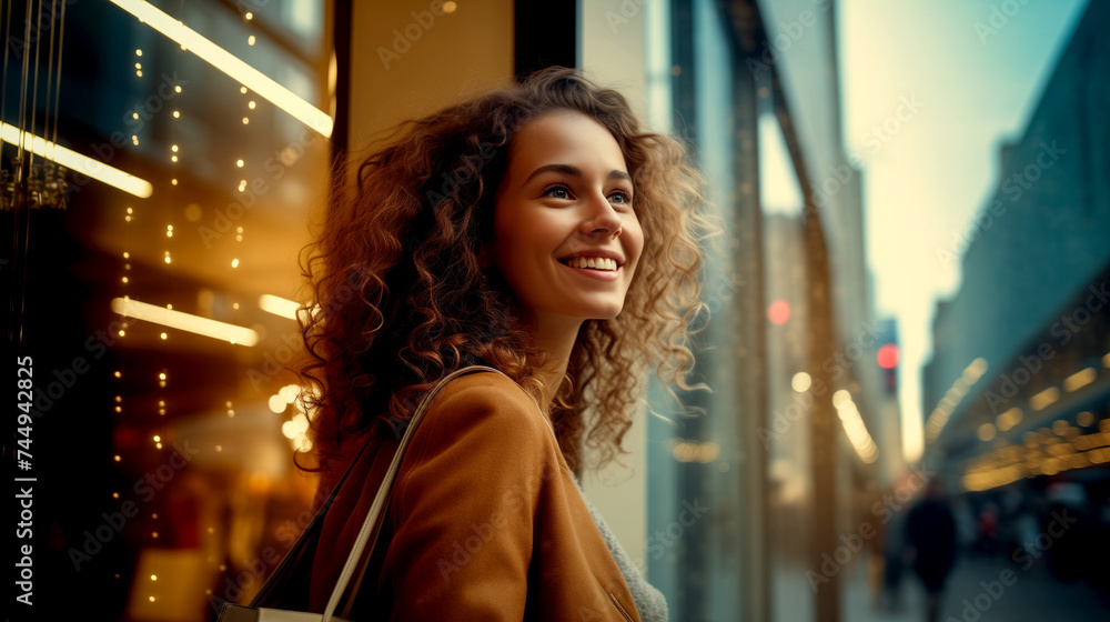 Happy Woman in the City Looking Through Shop Windows Happy Woman in the City Looking Through Shop Windows