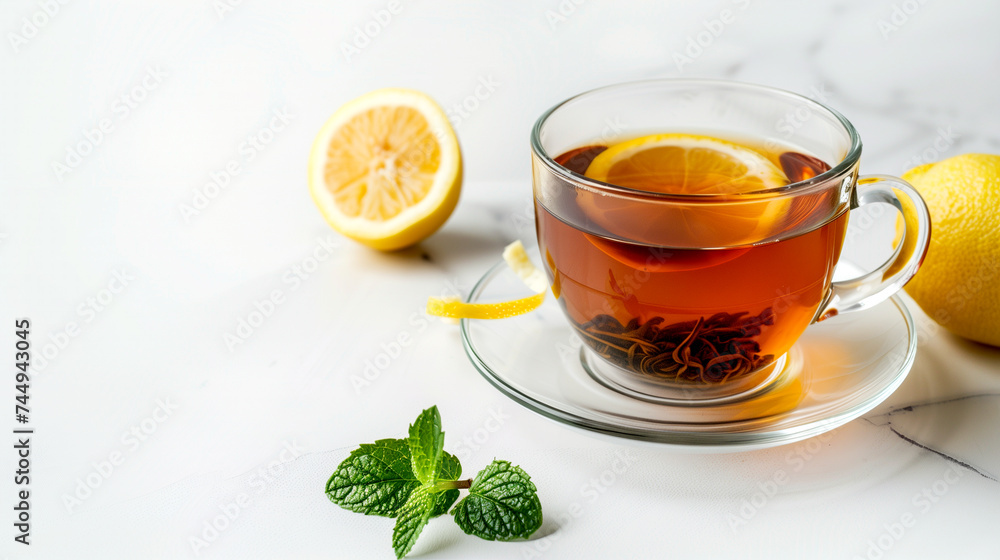 cup of tea with lemon slices on a saucer