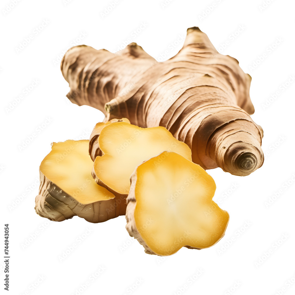 Ginger with some slices cut into pieces on a transparent background