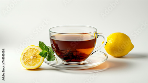 cup of tea with lemon slices on a saucer