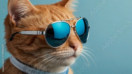 A tight capturing images a orange tabby sporting anti-dazzle spectacles and a medical face cover exclusively on a cerulean and candid background for reproduction use.