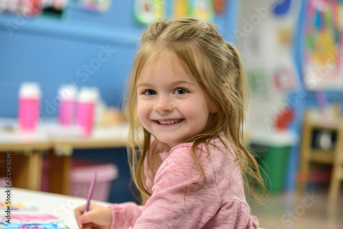 little girl smiling, sits at the table and painting in kindergarten