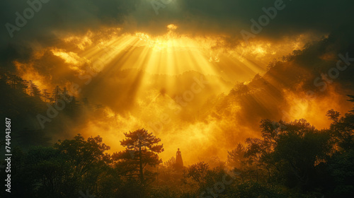 sharp jagged yellow mountains of Huangshan China covered in fog and clouds,generative ai