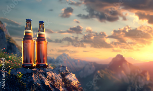 Beer on the mountain for celebrations and success, images designed for advertising With space for text