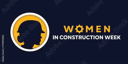 Women in Construction Week. Vector silhouette of woman wearing project hat. Cards, banners, posters, social media and more. Black background.