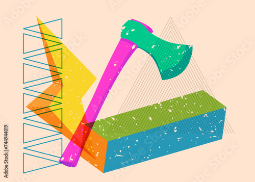 Risograph axe with geometric shapes. Objects in trendy riso graph print texture style design with geometry elements.