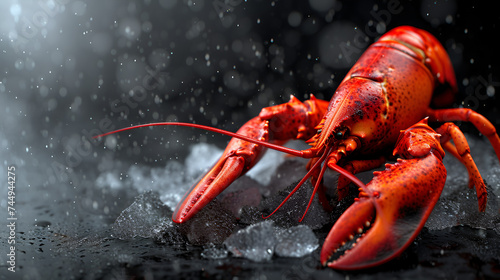 A beautiful red lobster lying on ice and on a black or dark background with space.  generative ai  © Malaika