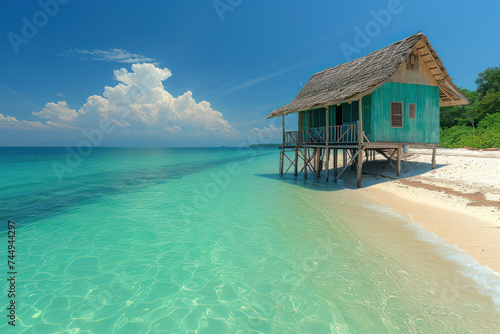 Bungalow on the Tropical Perfect White Sand Beach extreme closeup. Generative AI