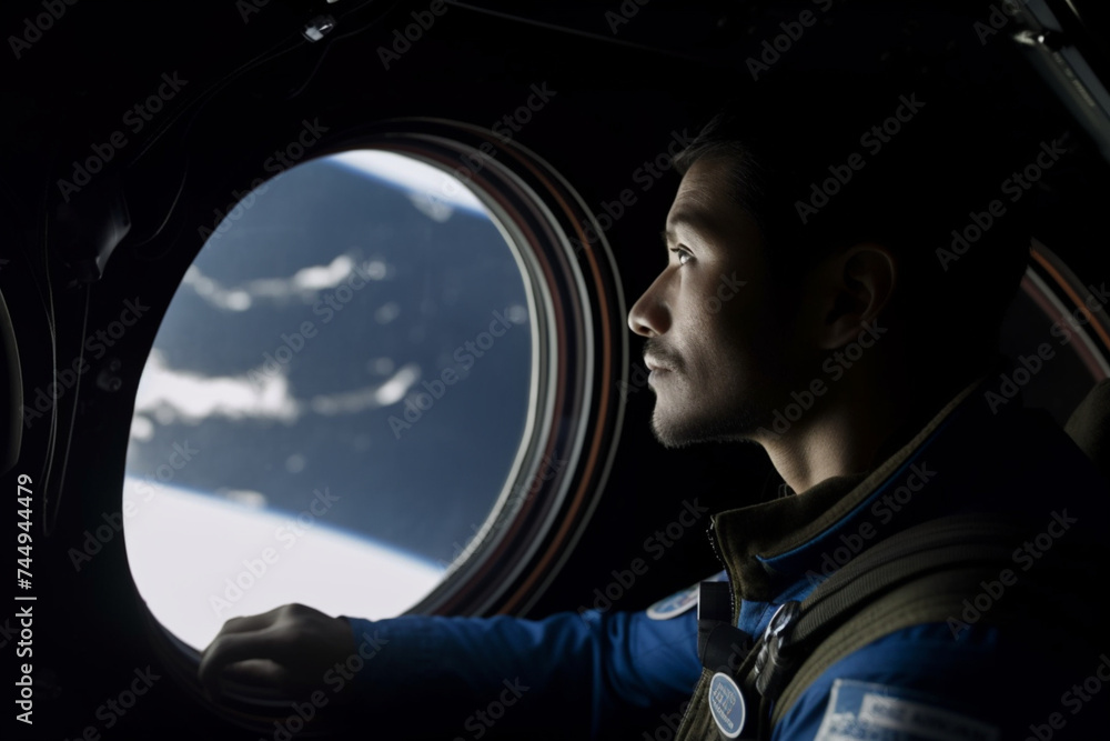a commercial space traveler looking at the earth throughout the window at inside of the spaceship - obrazy, fototapety, plakaty 