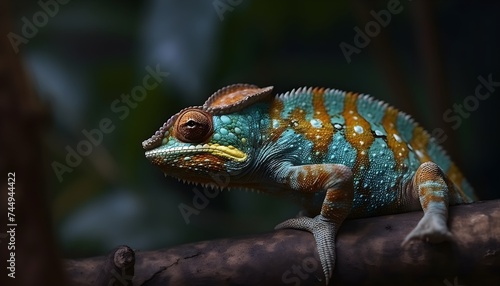Agamidae animal wildlife, abstract animal background On the tree, a charming chameleon changes colors 