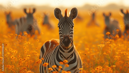 A Herd of Zebras Moving Together in a Grassy Field extreme closeup. Generative AI