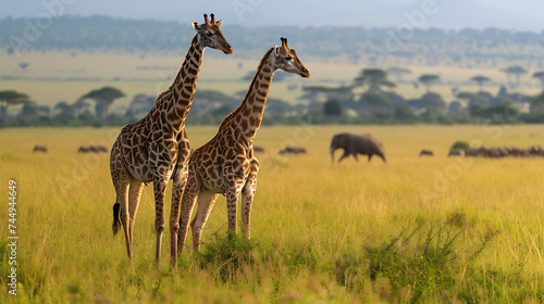 Duas girafas graciosas e uma paisagem exuberante com leões descansando e impalas cautelosos em harmonia selvagem