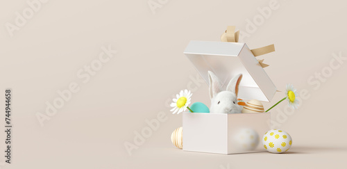 Happy Easter day, Bunny in gift box with eggs. 3d rendering