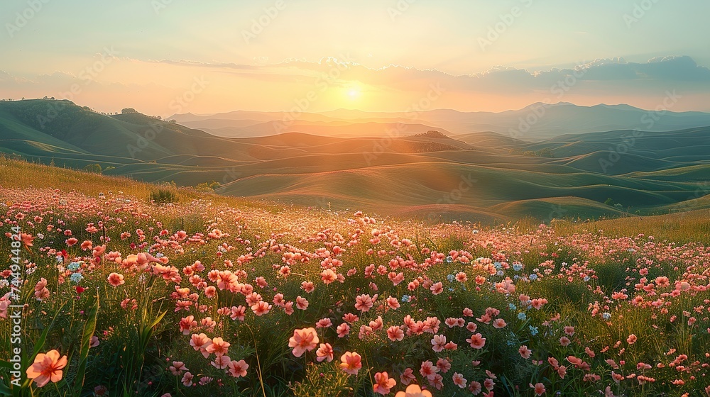 Beautiful spring landscape with pink flowers in the mountains at sunset.