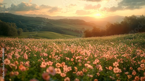 Beautiful spring landscape with pink flowers in the mountains at sunset.