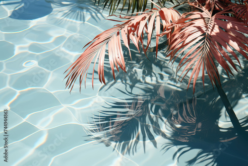 Palm Tree Leaves with a Swimming Pool extreme closeup. Generative AI