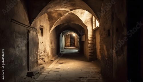 Dungeon. long, lit corridor in a medieval fortress. historic palace's interior with a stone arch