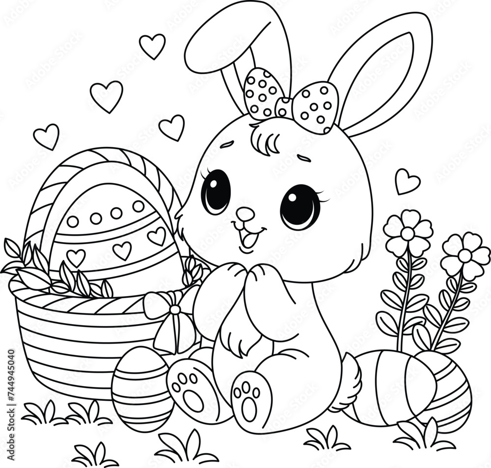 Easter bunny with basket of painted eggs coloring page for kids