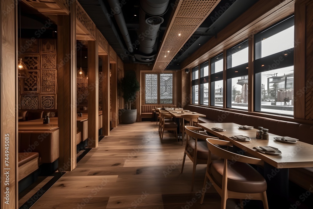 opulent and contemporary restaurant with wooden walls and wooden floors