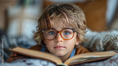 A focused child reading a book while wearing clear and comfortable glasses,generative ai