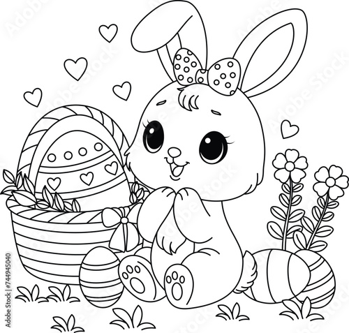 Obraz na płótnie Easter bunny with basket of painted eggs coloring page for kids w salonie