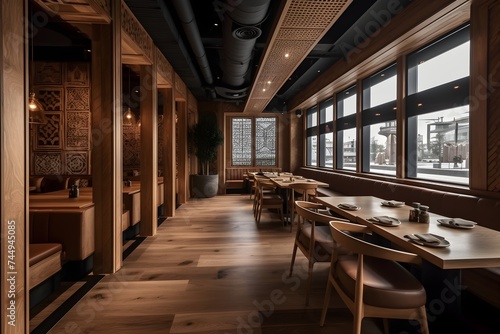 opulent and contemporary restaurant with wooden walls and wooden floors © VisualVanguard