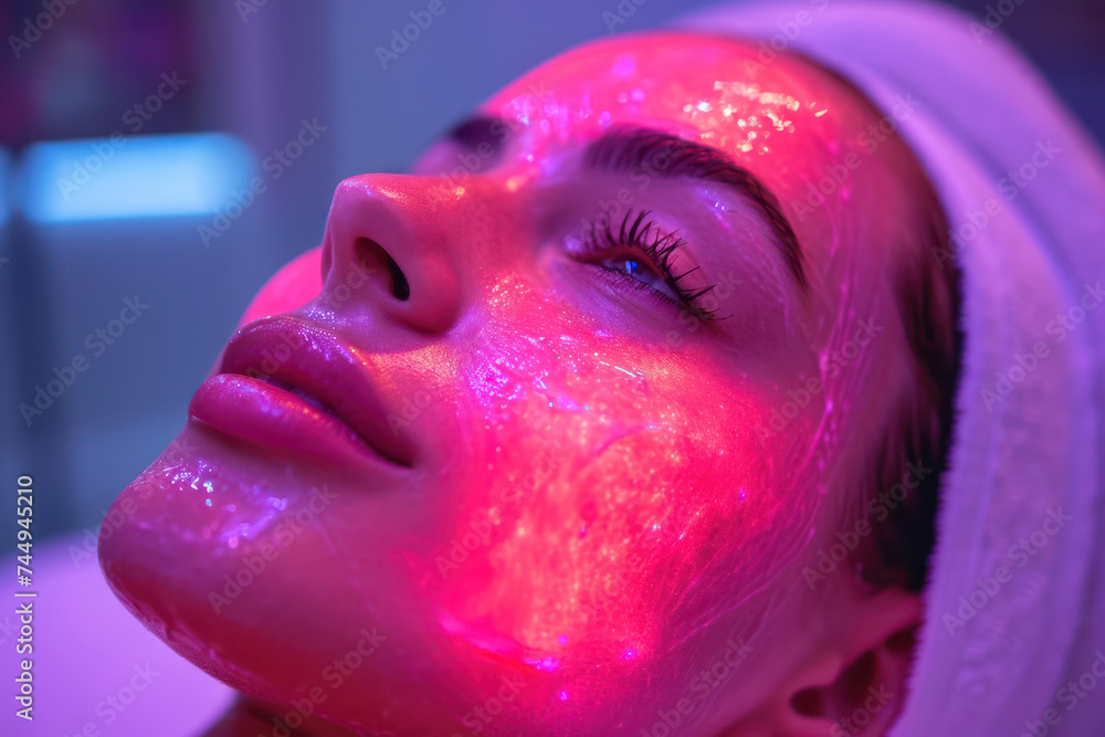 Woman Receiving Spectrum LED Light Therapy for Skin Cleaning extreme closeup. Generative AI Woman Receiving Spectrum LED Light Therapy for Skin Cleaning extreme closeup. Generative AI