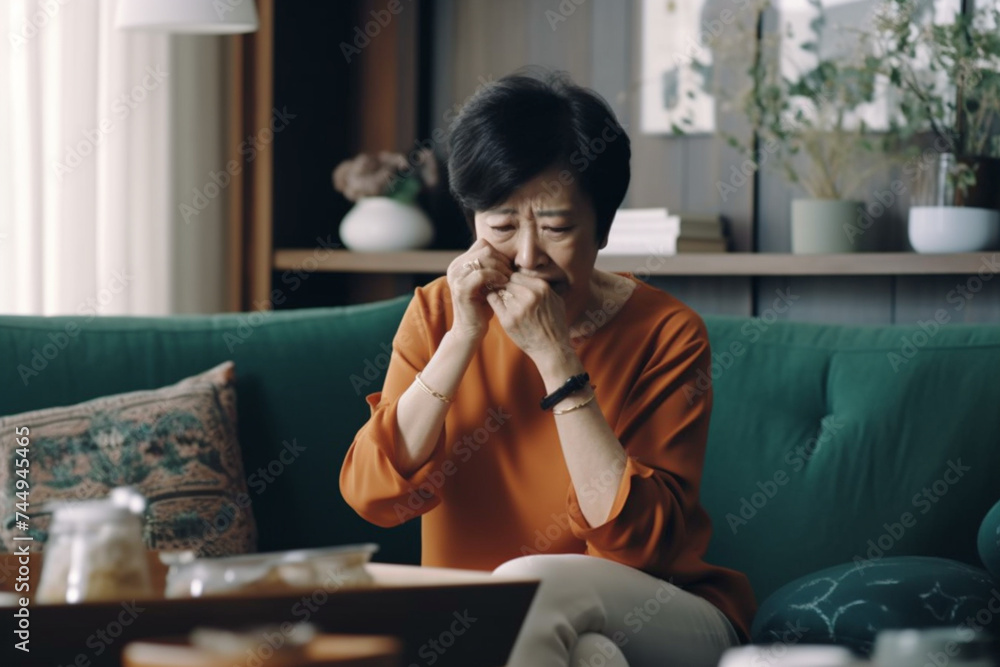 a distraught senior Asian woman feeling unwell, suffering from a headache while sitting on sofa in the living room at home a distraught senior Asian woman feeling unwell, suffering from a headache while sitting on sofa in the living room at home