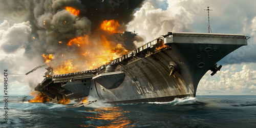 Large modern aircraft carrier under attack