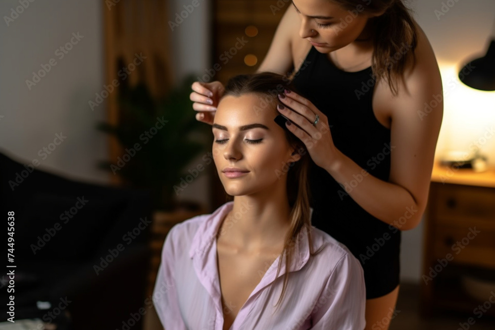 a female make-up artist is using a brush and doing a beauty treatment at a woman's home a female make-up artist is using a brush and doing a beauty treatment at a woman's home