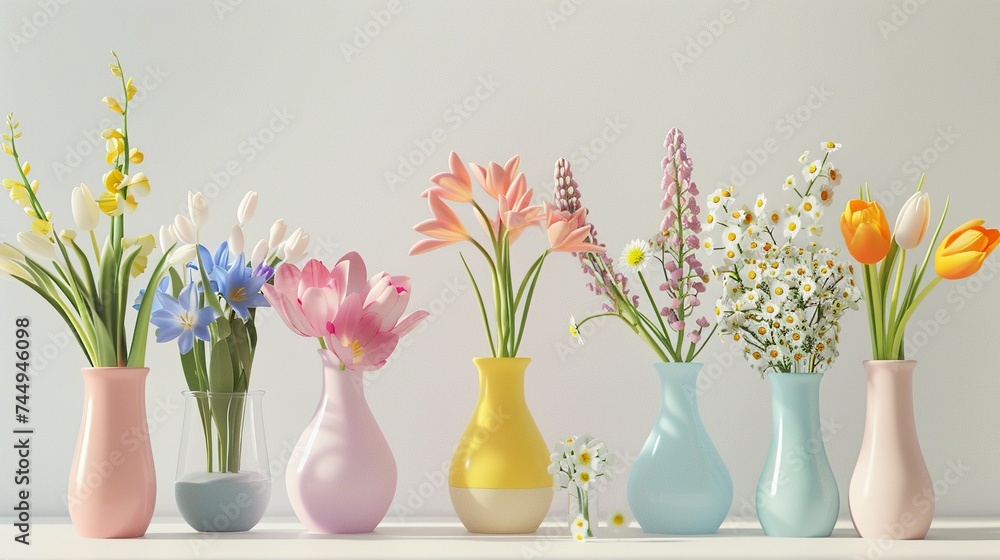 Very beautiful Colorful spring flowers in bright vases, realistic photo, pure white background, solid color fill, simple color scheme Very beautiful Colorful spring flowers in bright vases, realistic photo, pure white background, solid color fill, simple color scheme