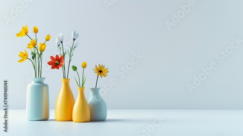 Very beautiful Colorful spring flowers in bright vases, realistic photo, pure white background, solid color fill, simple color scheme #744946044