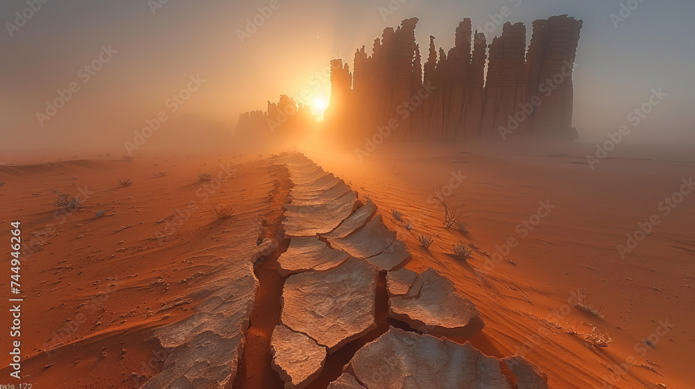 cracked lines of sand and clay leading into jagged desert rock spires of Saudi Arabia tabuk region,generative ai - obrazy, fototapety, plakaty 