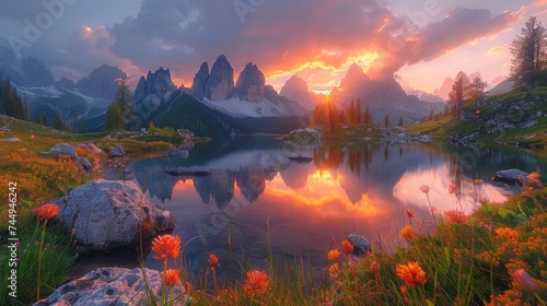 Impressive summer sunrise in rocky mountain valley. Fantastic morning scene of Tre Cime di Lavaredo National park with Laghi del Piani lakes.