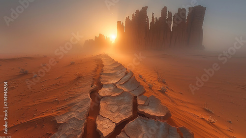cracked lines of sand and clay leading into jagged desert rock spires of Saudi Arabia tabuk region,generative ai photo