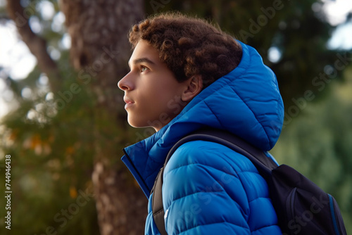 a handsome young man in profile in nature, a teenage boy in a blue puffer jacket & creme hoodie photographed as he looks out into the distance from his vantage point in amongst natural green foliage