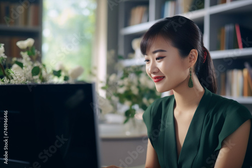 A Happy Beautiful Asian Businesswoman Working In The Office