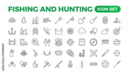 Hunting and fishing icon set.Hunting and fishing line icons collection. Big UI icon set in a flat design. Thin outline icons pack. Mushrooming, Fishing, and Hunting. Outline icon set.