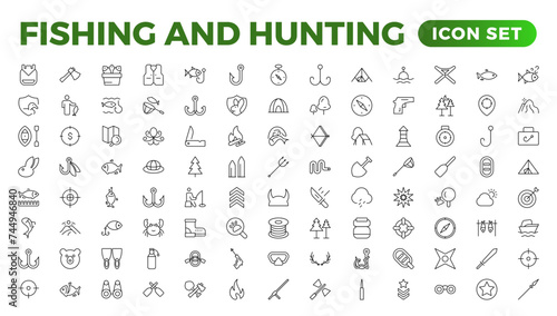 Hunting and fishing icon set.Hunting and fishing line icons collection. Big UI icon set in a flat design. Thin outline icons pack. Mushrooming, Fishing, and Hunting. Outline icon set. photo