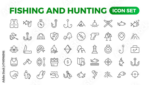 Hunting and fishing icon set.Hunting and fishing line icons collection. Big UI icon set in a flat design. Thin outline icons pack. Mushrooming, Fishing, and Hunting. Outline icon set.