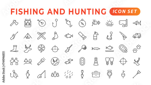 Hunting and fishing icon set.Hunting and fishing line icons collection. Big UI icon set in a flat design. Thin outline icons pack. Mushrooming, Fishing, and Hunting. Outline icon set.