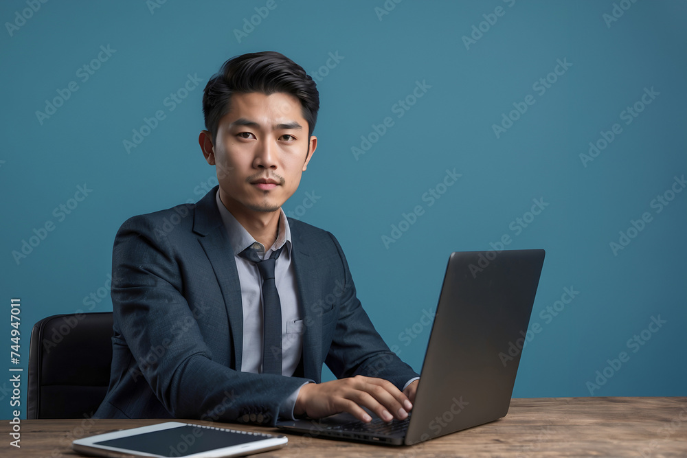 Young Asian business man using laptop computer and smiling looking at camera isolated on white background Young Asian business man using laptop computer and smiling looking at camera isolated on white background
