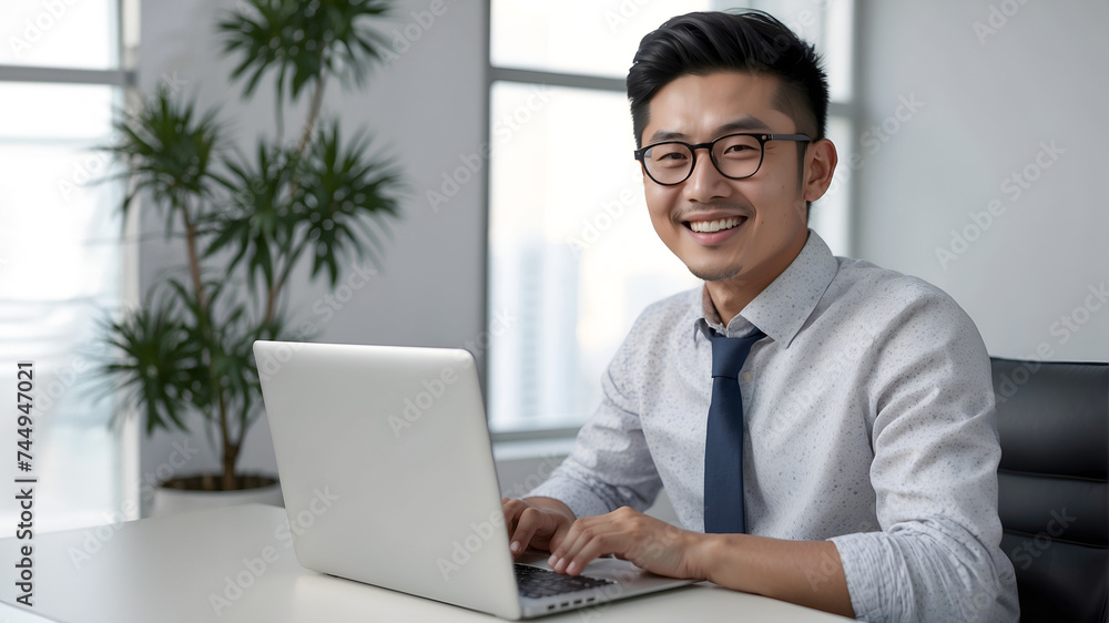 Young Asian business man using laptop computer and smiling looking at camera isolated on white background Young Asian business man using laptop computer and smiling looking at camera isolated on white background