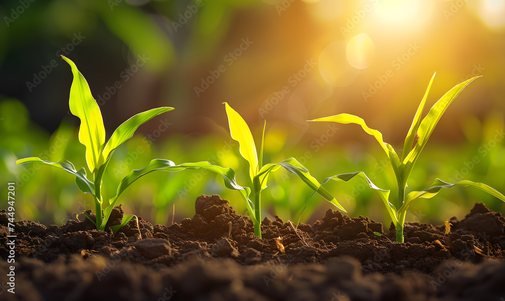 Sprouts of young corn plants growing on the field fertile soil Sprouts of young corn plants growing on the field fertile soil